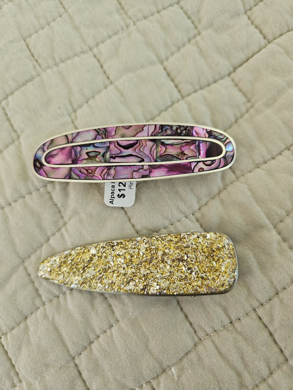 Lot Of 2 Hair Clips, Barettes. Gold Glitter Rose Opal